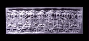 Kulplu silindir mühür baskısı, Uruk (şimdi Warka, Irak), MÖ 3300-3000 civarı (alçı)