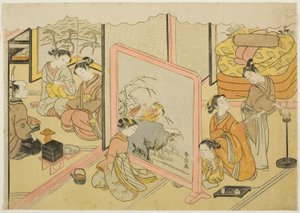 Yatmadan Önce Bir Fincan Sake (Toko sakazuki), "Brocade Baskılarda Evlilik, Erdemli Kadının Arabası (Konrei nishiki misao-guruma)" serisinin altıncı sayfası by Suzuki Harunobu