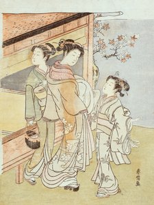 Bir Hanımefendi ve Görevlisi Bir Haberciyle Tanışıyor (tahta baskı) by Suzuki Harunobu