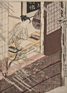 Yağmura bakan bir yazı masasında oturan bir kadın by Suzuki Harunobu