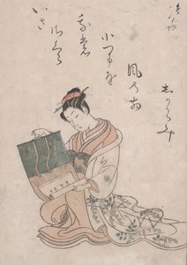 Beauty Unrolling Scroll, c.1770 (Japon kağıdına renkli gravür) by Suzuki Harunobu