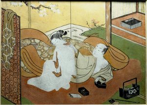 Ekranlı bir iç mekanda yatan aşıklar, kaligrafi kutusu Nishiki-e baskı (Nishiki e) Suzuki Harunobu (1725-1770 civarı) 1765 yakl. Güneş. 20,6x27,8 cm Özel koleksiyon by Suzuki Harunobu