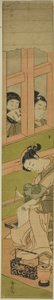 İki Adam Pencere Kafesinden İzlerken Bir Mektup Yazan Nezaket by Suzuki Harunobu