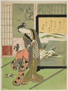 Nezaketçi ve Çocuk Görevlisi Bir Kediyle Oynarken by Suzuki Harunobu