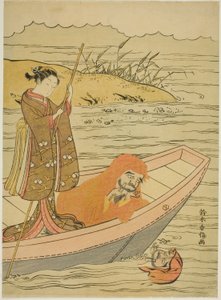 Daruma yansımasına bakıyor by Suzuki Harunobu