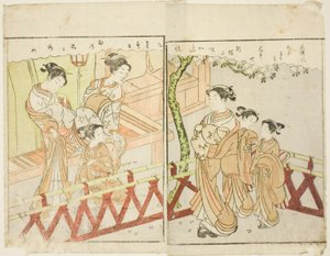 Ciltten Çift Sayfalık Çizim. 2 "Bahar Brokarları Resimli Kitabı (Ehon haru no nishiki)" by Suzuki Harunobu