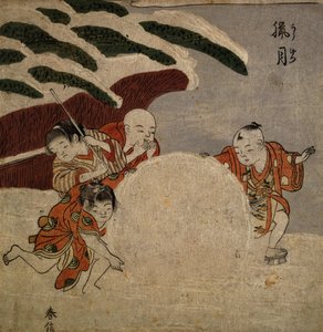 Dört çocuk kartopu yapıyor, c.1768 (renkli tahta baskı) by Suzuki Harunobu