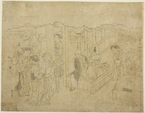 "Brocade Baskılarda Evlilik, Erdemli Kadının Taşınması (Konrei nishiki misao-guruma)" serisinin ilk sayfası olan Giriş (Miai) için anahtar blok baskı by Suzuki Harunobu