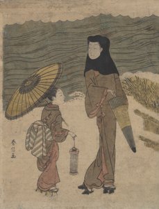 Siyah Kapüşonlu ve Şemsiyeli Bayan Genç Görevliyle Yürüyüşe Çıkıyor. by Suzuki Harunobu