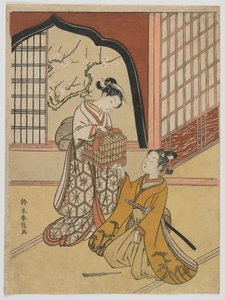 Kuş Kafesi Olan Aşıklar, Edo dönemi, c.1766-67 (renkli tahta baskı) by Suzuki Harunobu