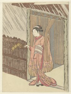 Elinde bir yamabuki şubesi olan kız by Suzuki Harunobu