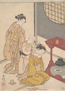 Çift Raflı Standda Gece Yağmuru, c.1766 (tahta baskı) by Suzuki Harunobu