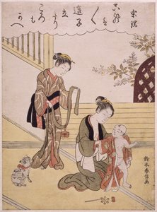 S.312-1941 Küçük oğluna kimono giydiren bir anne, (renkli tahta baskı) by Suzuki Harunobu