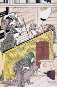 Evde fareleri kovalayan hizmetçi, Suzuki Harunobu (1725-1770) tarafından ukiyo-e sanat baskısı, gravür, Japon uygarlığı, Edo dönemi by Suzuki Harunobu