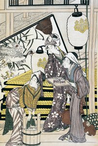 Evde çalışan hizmetçiler, Suzuki Harunobu (1725-1770) tarafından ukiyo-e sanat baskısı, gravür, Japon uygarlığı, Edo dönemi by Suzuki Harunobu