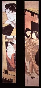 Atama: Bir Kapıda İki Aşık, c.1768 (renkli tahta baskı) by Suzuki Harunobu