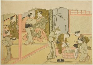 İlk Doğum (Uizan), "Brocade Baskılarda Evlilik, Erdemli Kadının Arabası (Konrei nishiki misao-guruma)" serisinin yedinci sayfası by Suzuki Harunobu
