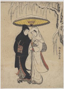 Doğu Sanatları : Kar Fırtınasında Bir Şemsiye Altında Birlikte Yürüyen Genç Aşıklar par Harunobu, Suzuki (1724-1770), yaklaşık 1769. Renkli gravür, 25,7x19,1. Özel koleksiyon by Suzuki Harunobu