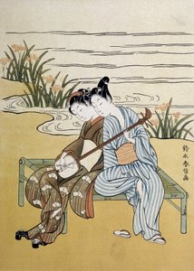 Shamisen: Shamisen oynayan çift (veya samisen: üç telli uzun kollu lavta) - Harunobou tarafından, “Japan artistique””, Temmuz 1890 by Suzuki Harunobu