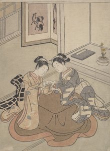 Kotatsu Oynayan Kedi Beşiğinin Yanında Oturan İki Genç Kadın, yaklaşık. 1765., yaklaşık 1765. by Suzuki Harunobu