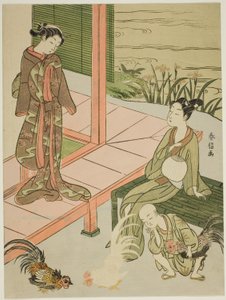 Verandanın Kenarında Horoz Dövüşü İzlemek by Suzuki Harunobu