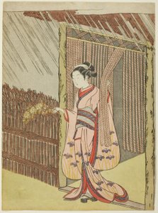 Yağmurda Kerria Çiçeklerinin Dalını Tutan Kadın (Ota Dokan'ın parodisi) by Suzuki Harunobu