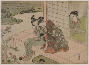 Genç çiftin bir verandada kucaklaşmasını izleyen kadın by Suzuki Harunobu