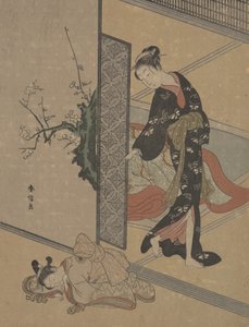 Genç Bayan Kapıdan Yerde Uyuyan Kamuro Küçük Hizmetçisine Bakıyor. by Suzuki Harunobu