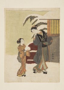 Kar Tavşanına Hayran Olan Genç Kadın (renkli tahta baskı) by Suzuki Harunobu