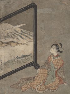 Elinde Pipo Olan Genç Kadın Bir Ekrana Boyanmış Manzaraya Bakıyor. by Suzuki Harunobu
