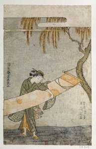 Kakemonoya bakan genç bir kadın bir ağaca yapışıyor. Harunobu Suzuki (1725-1770) tarafından Japon baskısı by Suzuki Harunobu
