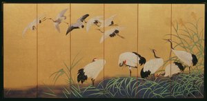 Sazlıkları ve Turnaları Betimleyen Altı Katlı Ekran, Edo dönemi, Japonca, 19. yüzyıl (yaldızlı ipek üzerine renkli)