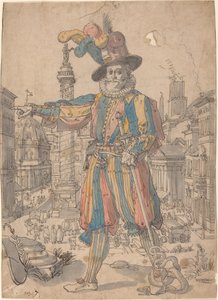 İsviçreli Muhafızlardan Giovanni Grosso, Roma Manzarası Önünde Duruyor by Swiss 17th Century after Francesco Villamena