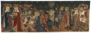 Basle'den Bakire'nin Yaşamından dört sahneyi betimleyen goblen sırt, 1450-75 dolayları (yün ve beyaz keten iplikler) by Swiss School