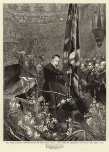 Albert Hall'daki İrlandalı Sadık Gösterisi, Abercorn Dükü Union Jack'i Dikiyor by Sydney Prior Hall