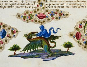 Sayfanın dibinde dahi ve kanatlı canavar figürlü bordür frizi, Cilt II f 198, v, Borso d