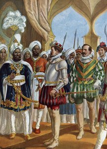 Portekizli denizci Pedro Alvares Cabral (1460-1526), 13/09/1500 tarihinde Calicut (Kozhikode) kralının (Zamorin) mahkemesinde, Hindistan'da bir kontuar kurulmasını müzakere etmek üzere (Portekizli denizci Pedro Alvares Cabral, Zamorin'de Zamorin il by Tancredi Scarpelli