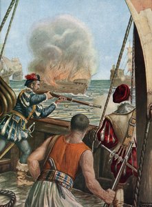 Hindistan'a ikinci sefer (1502-1503) "" Portekiz'in Vasco de Gama filosu ile Calicut filosu arasındaki deniz savaşı, Portekiz'in Mekke'den dönen Müslüman gemisi Miri Charge pelerins'i ateşlemesi, 3/10/1502"" (İran by Tancredi Scarpelli