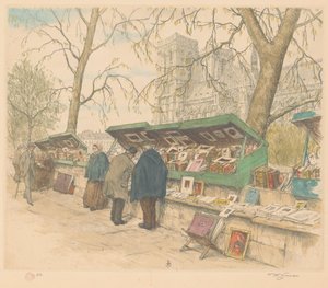 Arka planda Quai de Montebello, Notre-Dame'deki kitap tezgahları by Tavík František Šimon (signed by artist)