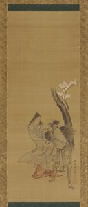 18. yüzyılın sonlarında 19. yüzyılın başlarında bir kiraz ağacının altında bir kadın ve bir odun toplayıcı. by Tawaraya Sōri