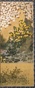 Çiçekler ve Kelebekler (kağıt üzerine mürekkep, renk ve altın varak) by Tawaraya Sotatsu