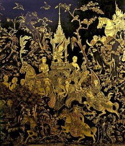 Efsanenin bir bölümünü gösteren bir ekran detayı (altın ve cila) by Thai School