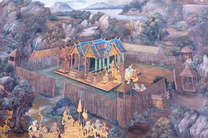 Wat Phra Kaeo, Kraliyet Büyük Sarayı, Bangkok, Tayland'daki Ramayana'dan sahneleri tasvir eden duvar resmi by Thai School