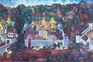 Wat Phra Kaeo, Kraliyet Büyük Sarayı, Bangkok, Tayland'daki Ramayana'dan sahneleri tasvir eden duvar resmi