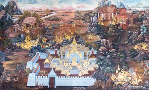 Wat Phra Kaeo, Kraliyet Büyük Sarayı, Bangkok, Tayland'daki Ramayana'dan sahneleri tasvir eden duvar resmi by Thai School