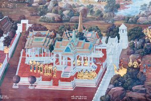 Wat Phra Kaeo, Kraliyet Büyük Sarayı, Bangkok, Tayland'daki Ramayana'dan sahneleri tasvir eden duvar resmi by Thai School