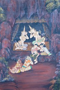 Wat Phra Kaeo, Kraliyet Büyük Sarayı, Bangkok, Tayland'daki Ramayana'dan sahneleri tasvir eden duvar resmi by Thai School