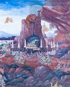 Wat Phra Kaeo, Kraliyet Büyük Sarayı, Bangkok, Tayland'daki Ramayana'dan sahneleri tasvir eden duvar resmi by Thai School