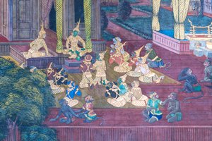 Wat Phra Kaeo, Kraliyet Büyük Sarayı, Bangkok, Tayland'daki Ramayana'dan sahneleri tasvir eden duvar resmi by Thai School