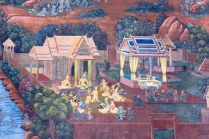 Wat Phra Kaeo, Kraliyet Büyük Sarayı, Bangkok, Tayland'daki Ramayana'dan sahneleri tasvir eden duvar resmi by Thai School